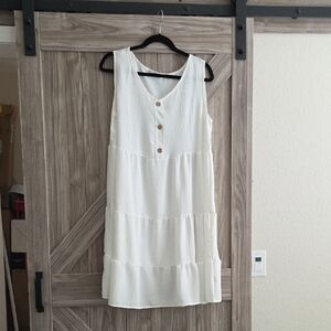 White Tiered V-Neck Button Front Summer Dress